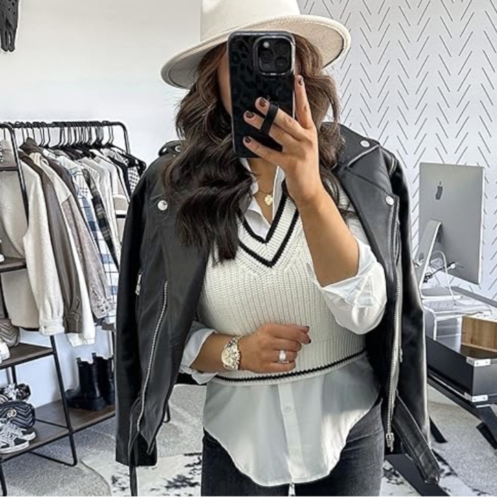 Stylish Black Leather faux Jacket moto zip coat